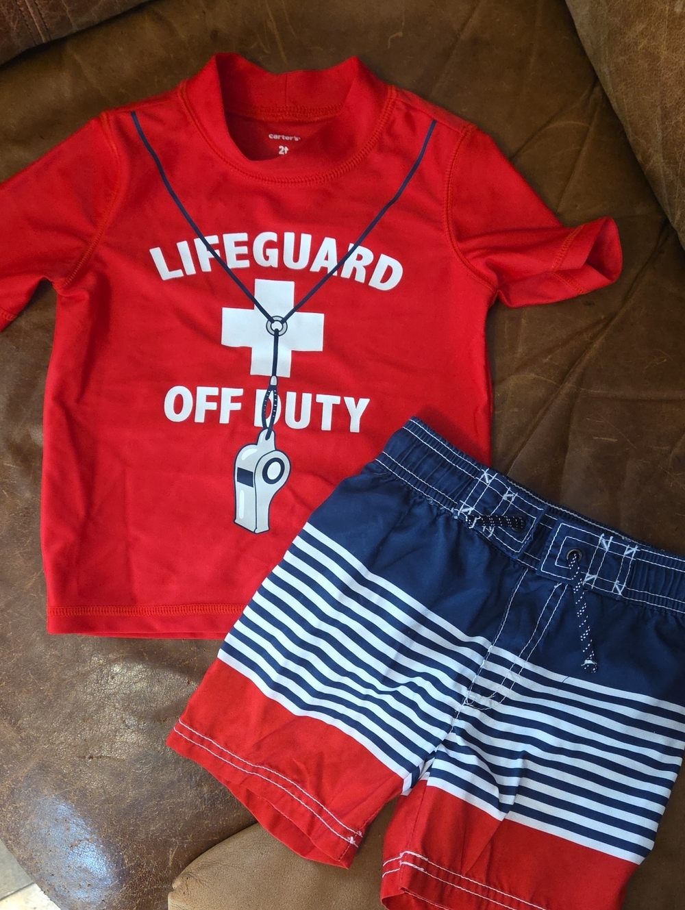 Carter's Lifeguard Rash Guard with Red, Navy & White Striped Swim Shorts Size 2T